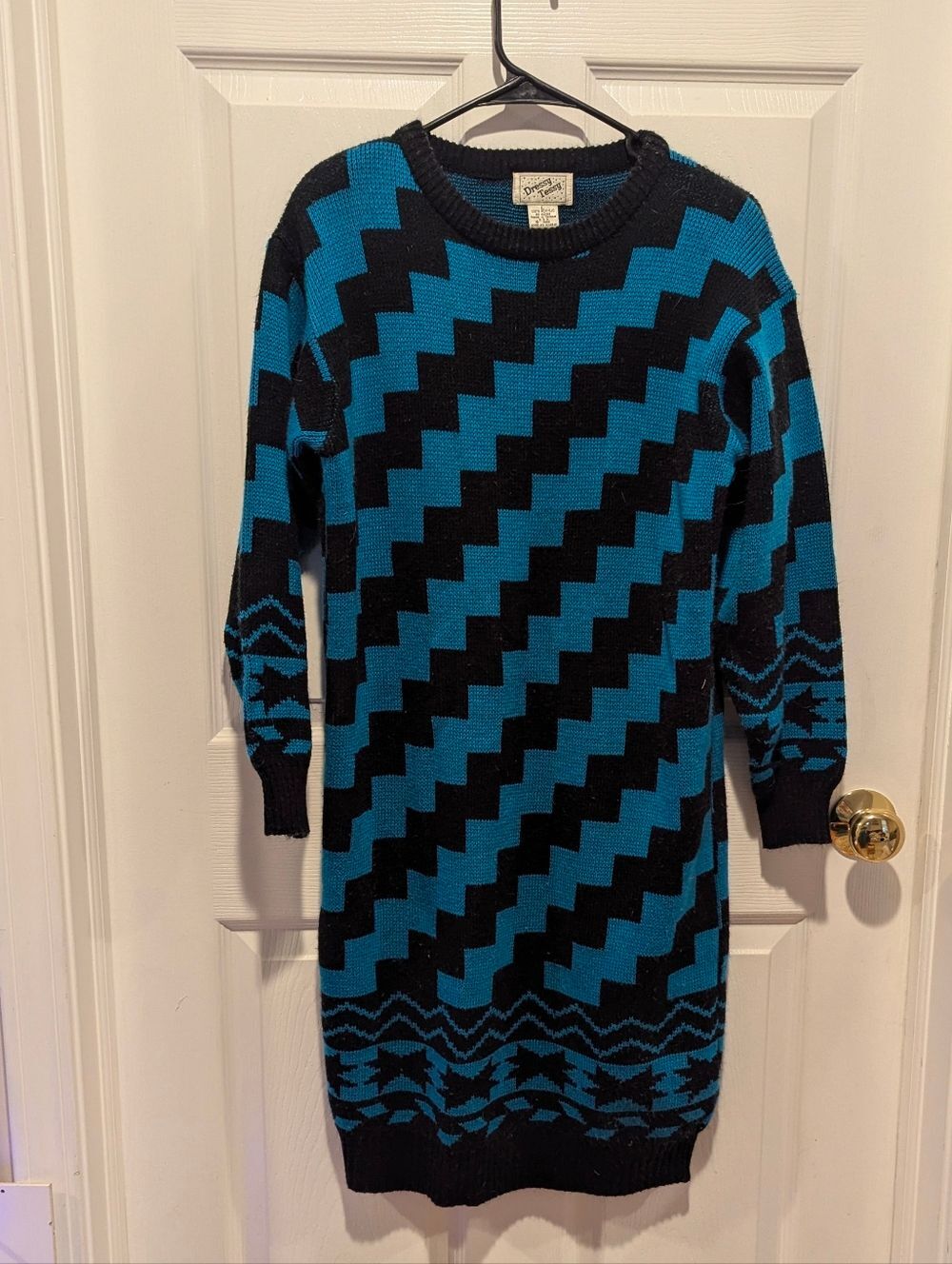 Vintage 80s 90s Black & Blue Geometric‎ Knit Sweater Dress Retro Cottagecore